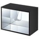 The YXSTABY, a sleek black cube-shaped shelf with mirror sides and clear plastic handles.