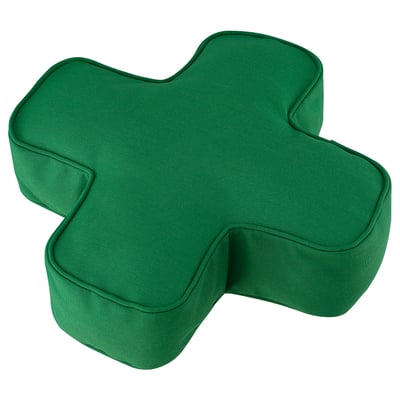 Bright green YXSTABY cushion, uniquely shaped and padded, sits softly against a white background, designed with eco-friendly recycled materials.