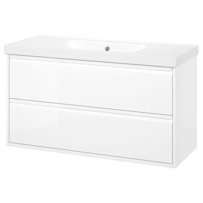 ÄNGSJÖN / ORRSJÖN ארון תחתון לכיור עם מגירות/כיור, מבריק לבן, ‎122x49x69 ס"מ‏