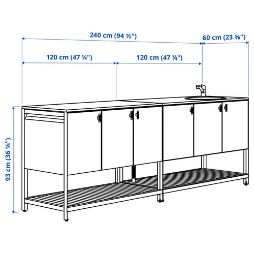 BÅTSKÄR מטבח חיצוני עם יחידת כיור, אפור כהה, 240x60 ס"מ