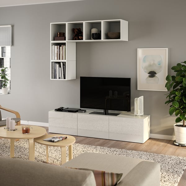 BESTÅ / EKET מערכת אחסון טלוויזיה, לבן/Selsviken מבריק/לבן, ‎180x42x185 ס"מ‏