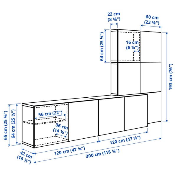 BESTÅ מערכת אחסון עם דלתות, לבן Lappviken/Hedeviken אלון, 300x42x193 ס"מ