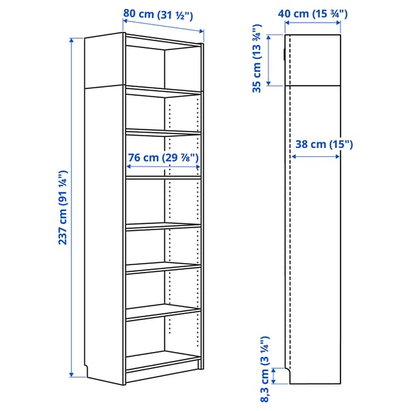 BILLY ארון ספרים עם יחידת הגבהה, לבן, 80x39x237 ס"מ
