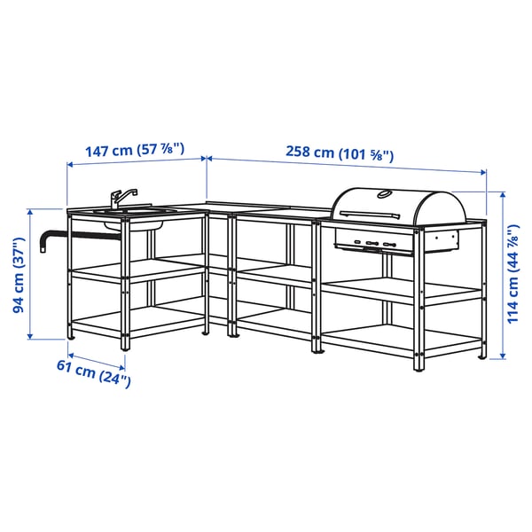 GRILLSKÄR יחידת כיור מטבח/גריל פחמים, פלדת אל-חלד, 258x147 ס"מ