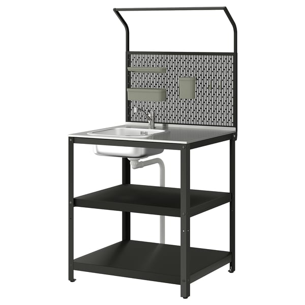 GRILLSKÄR יחידת כיור עם פנל אחורי, פלדת אל-חלד/לשימוש מחוץ לבית, 86x61x176 ס"מ