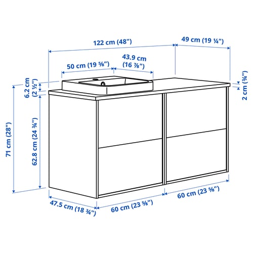 HAVBÄCK / ORRSJÖN ארון תחתון לכיור/כיור, אפור כהה/במבוק, 122x49x71 ס"מ