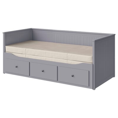 HEMNES מיטה נפתחת+3 מגיר/2 מזרנ, אפור/Vannareid דרגת קשיחות גבוהה מאוד, ‎80x200 ס"מ‏