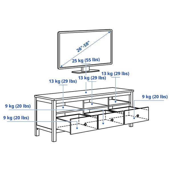 HEMNES מעמד לטלוויזיה, גוון לבן/חום בהיר, 148x47x57 ס"מ