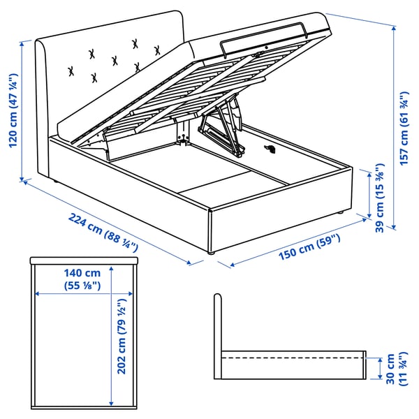 IDANÄS מיטה מרופדת עם אחסון, Gunnared אפור כהה, 140x200 ס"מ