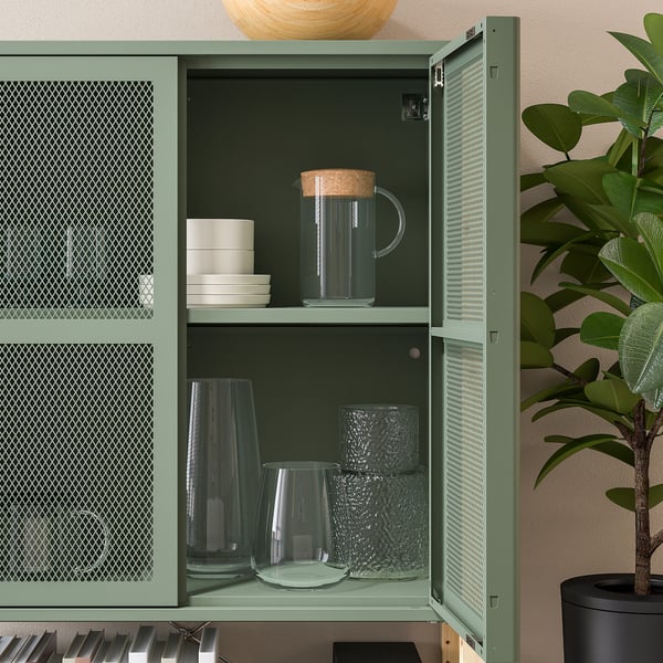 IVAR ארונית עם דלתות, אורן/אפור-ירוק רשת, ‎89x30x124 ס"מ‏