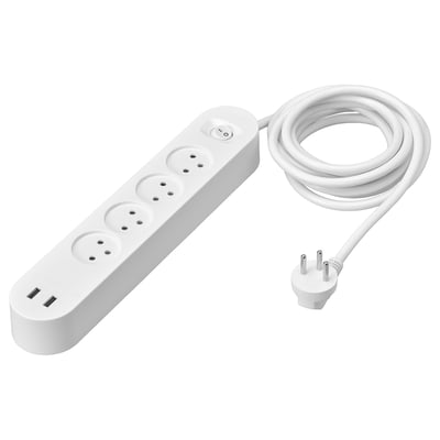 KOPPLA מפצל 4 ראשים עם 2 שקעי USB, לבן, 3.0 מ'