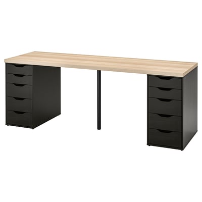 LAGKAPTEN / ALEX שולחן כתיבה, גוון אלון מולבן/שחור-חום, 200x60 ס"מ