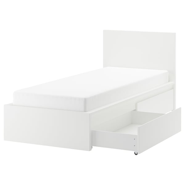MALM מסגרת מיטה, גב גבוה עם 2 תאי אחסון, לבן/Lindbåden, 90x200 ס"מ