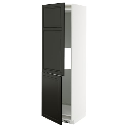 METOD ארון גבוה למקרר/מקפיא עם 2 דלתות, לבן/Bodbyn שחור, 60x60x200 ס"מ