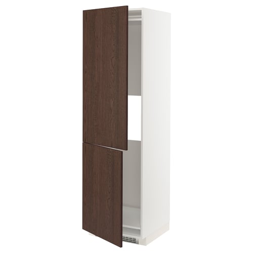 METOD ארון גבוה למקרר/מקפיא עם 2 דלתות, לבן/Sinarp חום, 60x60x200 ס"מ