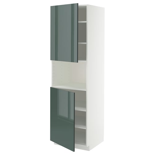 METOD ארון גבוה למיקרוגל+2 דלתות/מדפים, לבן/Kallarp אפור כהה-ירוק מבריק, 60x60x200 ס"מ