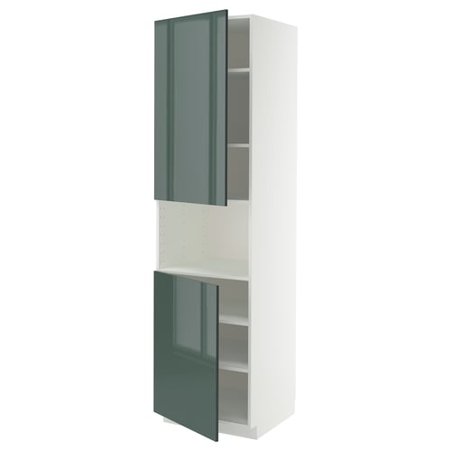 METOD ארון גבוה למיקרוגל+2 דלתות/מדפים, לבן/Kallarp אפור כהה-ירוק מבריק, 60x60x220 ס"מ