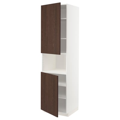 METOD ארון גבוה למיקרוגל+2 דלתות/מדפים, לבן/Sinarp חום, ‎60x60x220 ס"מ‏