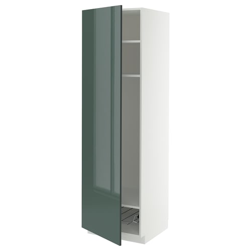 METOD ארון גבוה עם מדפים/סלסילת רשת, לבן/Kallarp אפור כהה-ירוק מבריק, 60x60x200 ס"מ