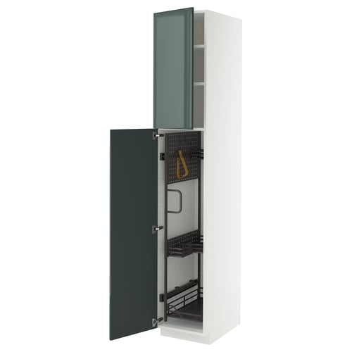 METOD ארון גבוה+יחידת מדפים פנימית, לבן/Kallarp אפור כהה-ירוק מבריק, 40x60x220 ס"מ