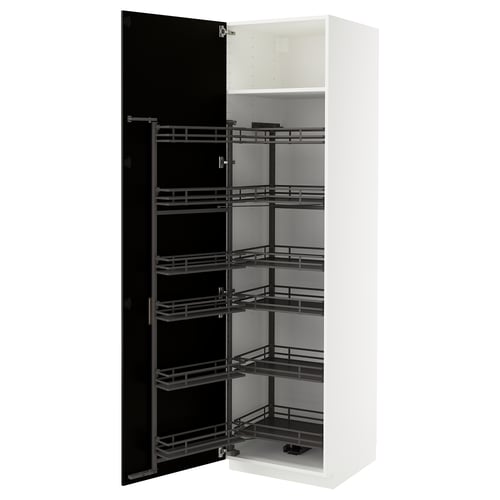 METOD ארון גבוה עם מזווה נשלף, לבן/Bodbyn שחור, 60x60x220 ס"מ