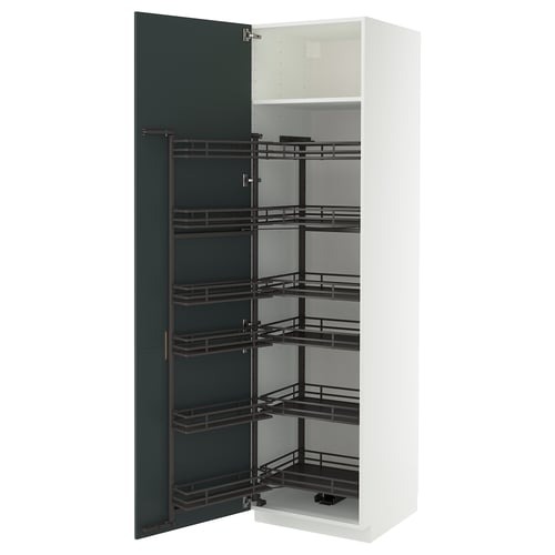 METOD ארון גבוה עם מזווה נשלף, לבן/Kallarp אפור כהה-ירוק מבריק, 60x60x220 ס"מ