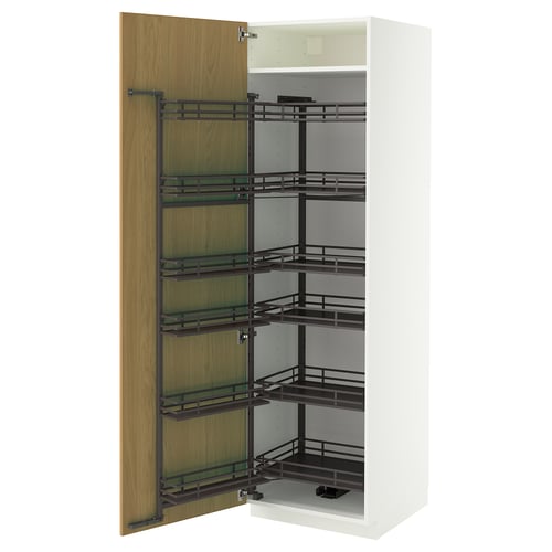 METOD ארון גבוה עם מזווה נשלף, לבן/Sinarp פורניר אלון, 60x60x200 ס"מ