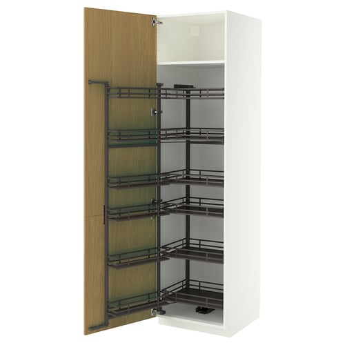 METOD ארון גבוה עם מזווה נשלף, לבן/Sinarp פורניר אלון, 60x60x220 ס"מ
