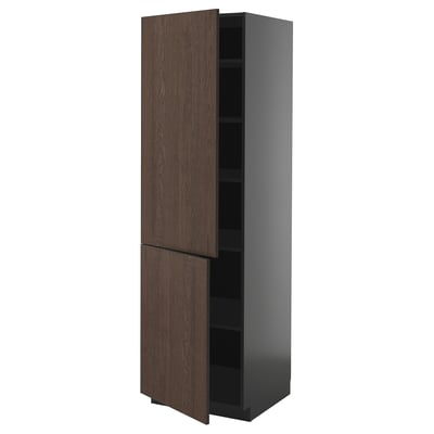 METOD ארון גבוה עם מדפים/2 דלתות, שחור-אפור/Sinarp חום, ‎60x60x200 ס"מ‏