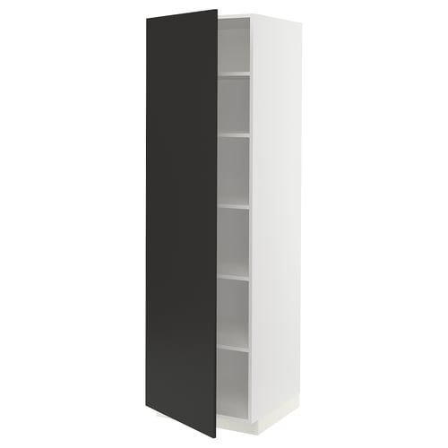 METOD ארון גבוה עם מדפים, לבן/Nickebo שחור מט, 60x60x200 ס"מ