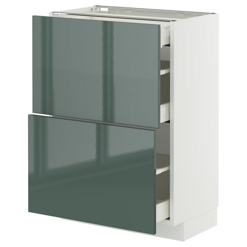 METOD / MAXIMERA ארון תחתון+2 חזיתות/3 מגירות, לבן/Kallarp אפור כהה-ירוק מבריק, 60x37 ס"מ