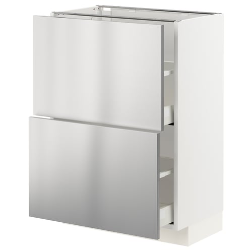 METOD / MAXIMERA ארון תחתון עם 2 מגירות, לבן/Vårsta פלדת אל-חלד, 60x37 ס"מ