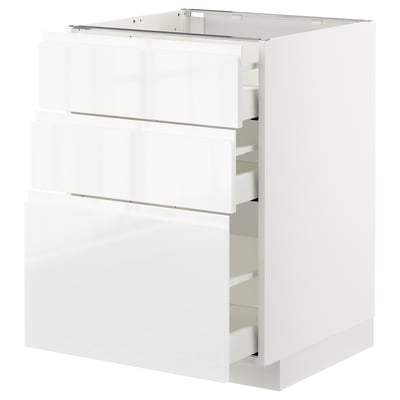 METOD / MAXIMERA ארון תחתון עם 3 מגירות, לבן/Voxtorp מבריק/לבן, ‎60x60 ס"מ‏