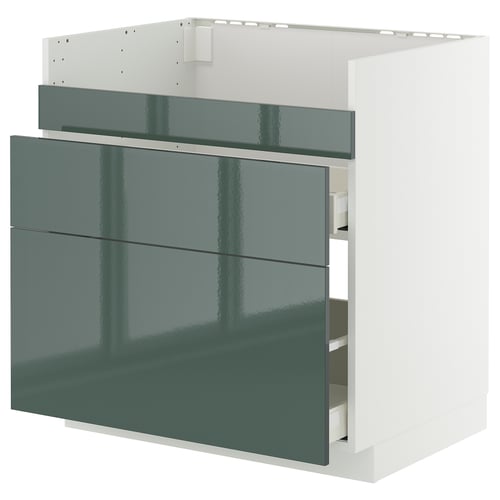 METOD / MAXIMERA ארון תחתון/3חזית/2מגירות כיורHAVSEN, לבן/Kallarp אפור כהה-ירוק מבריק, 80x60 ס"מ