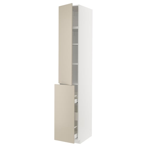 METOD / MAXIMERA ארון גבוה 3מגירות נשלף/דלת/2מדפים, לבן/Havstorp בז', 40x60x240 ס"מ