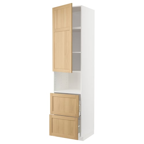 METOD / MAXIMERA ארון גבוה למיקורגל עם דלת/2 מגירות, לבן/Forsbacka אלון, 60x60x240 ס"מ