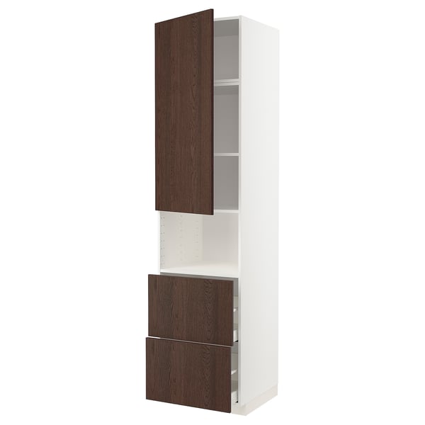 METOD / MAXIMERA ארון גבוה למיקורגל עם דלת/2 מגירות, לבן/Sinarp חום, ‎60x60x240 ס"מ‏