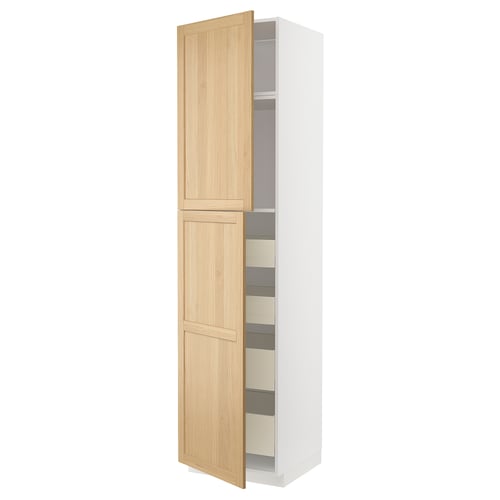 METOD / MAXIMERA ארון גבוה עם 2 דלתות/4 מגירות, לבן/Forsbacka אלון, 60x60x240 ס"מ
