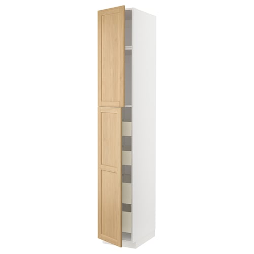 METOD / MAXIMERA ארון גבוה עם 2 דלתות/4 מגירות, לבן/Forsbacka אלון, 40x60x240 ס"מ