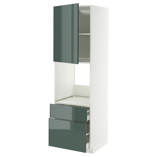 METOD / MAXIMERA ארון גבוה לתנור+דלת/2 מגירות, לבן/Kallarp אפור כהה-ירוק מבריק, 60x60x200 ס"מ