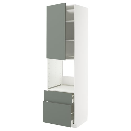 METOD / MAXIMERA ארון גבוה לתנור+דלת/2 מגירות, לבן/Nickebo אפור-ירוק מט, 60x60x220 ס"מ