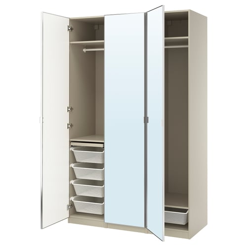 PAX / ÅHEIM ארון בגדים, אפור-בז'/מראה, 150x60x236 ס"מ
