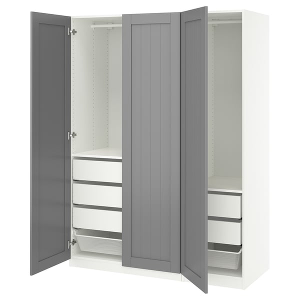 PAX / GULLABERG ארון בגדים, לבן/אפור, ‎150x60x201 ס"מ‏