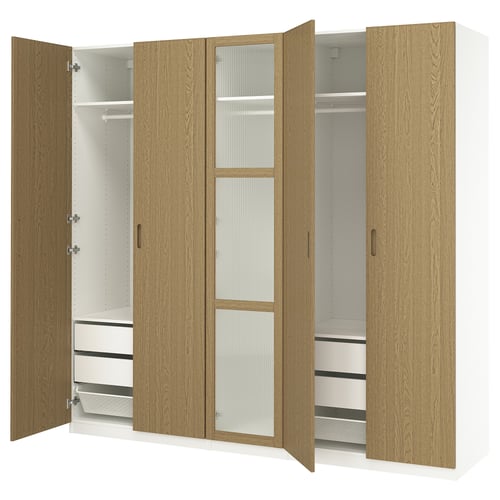 PAX / TONSTAD ארון בגדים, לבן/פורניר אלון זכוכית, 250x60x236 ס"מ