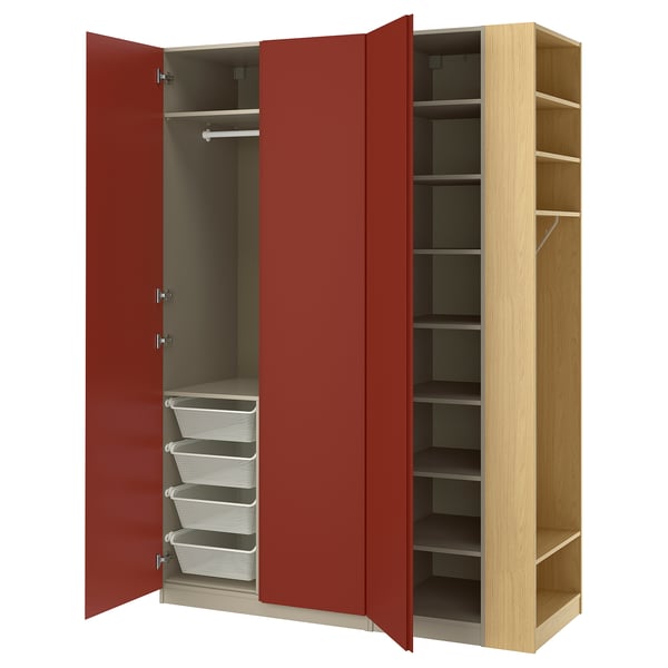 PAX / VIKANES ארון בגדים, אפור-בז'/אדום-חום, 150x60x236 ס"מ