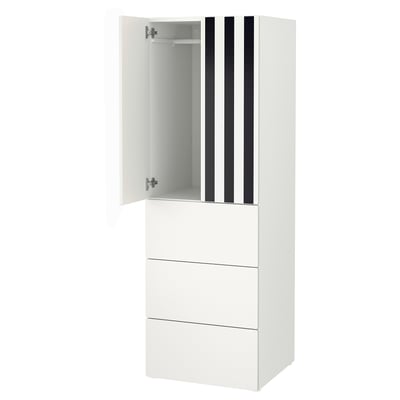 SMÅSTAD / PLATSA ארון, לבן מפוספס/לבן עם 3 מגירות, 60x57x181 ס"מ