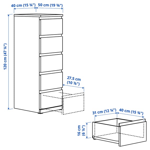 STORKLINTA שידת 5 מגירות, לבן, 40x50x120 ס"מ