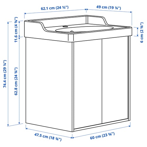 TÄNNFORSEN / RUTSJÖN ארון תחתון לכיור עם דלתות/כיור, לבן, 62x49x74 ס"מ