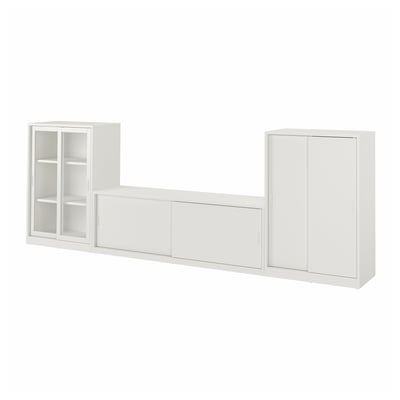 TONSTAD מערכת אחסון טלוויזיה עם דלתות הזזה, אוף-ווייט/זכוכית שקופה, ‎339x37x116 ס"מ‏