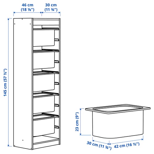 TROFAST יחידת אחסון עם קופסאות, לבן/אפור, 46x30x145 ס"מ